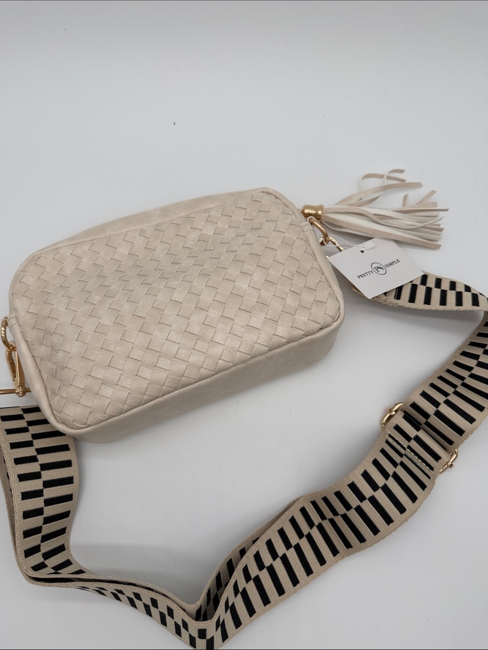 Beige Woven Crossbody Bag with Tassel and Adjustable Strap